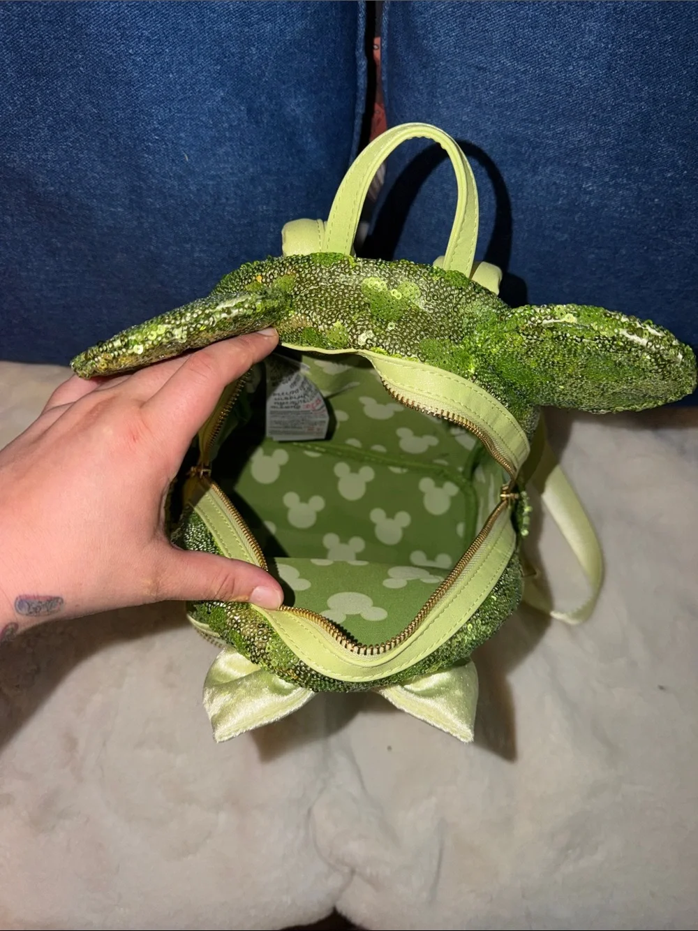 Loungefly Green Sequin Minnie Ear Mini Backpack with Pale Green Bow
